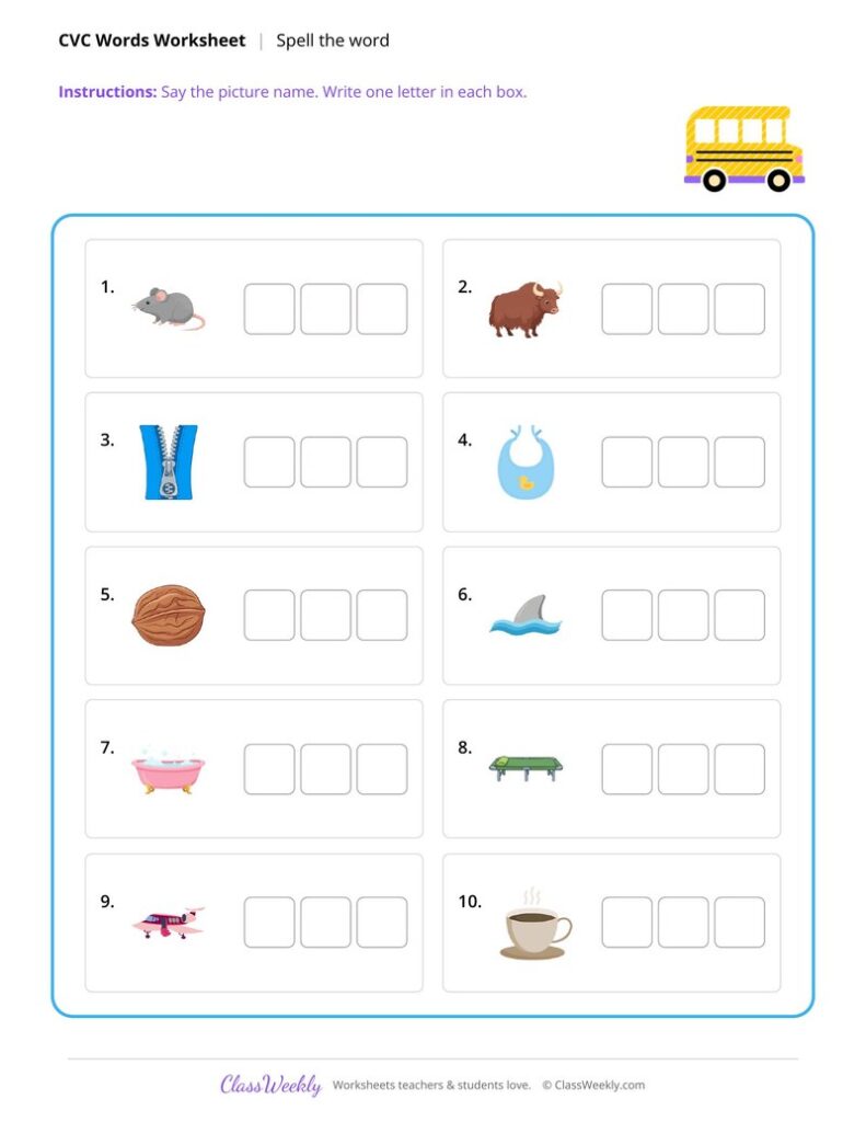 Spell CVC words - Free 1st Grade Reading Worksheet