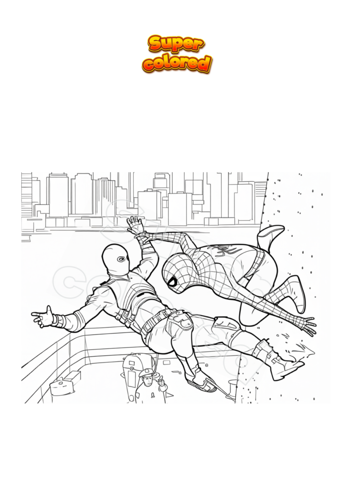 Action-packed Spiderman coloring page with dynamic poses for kids to color