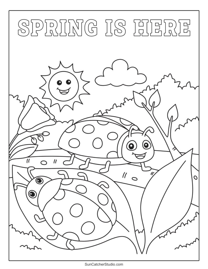Spring coloring sheet showing ladybugs, flowers, and a smiling sun