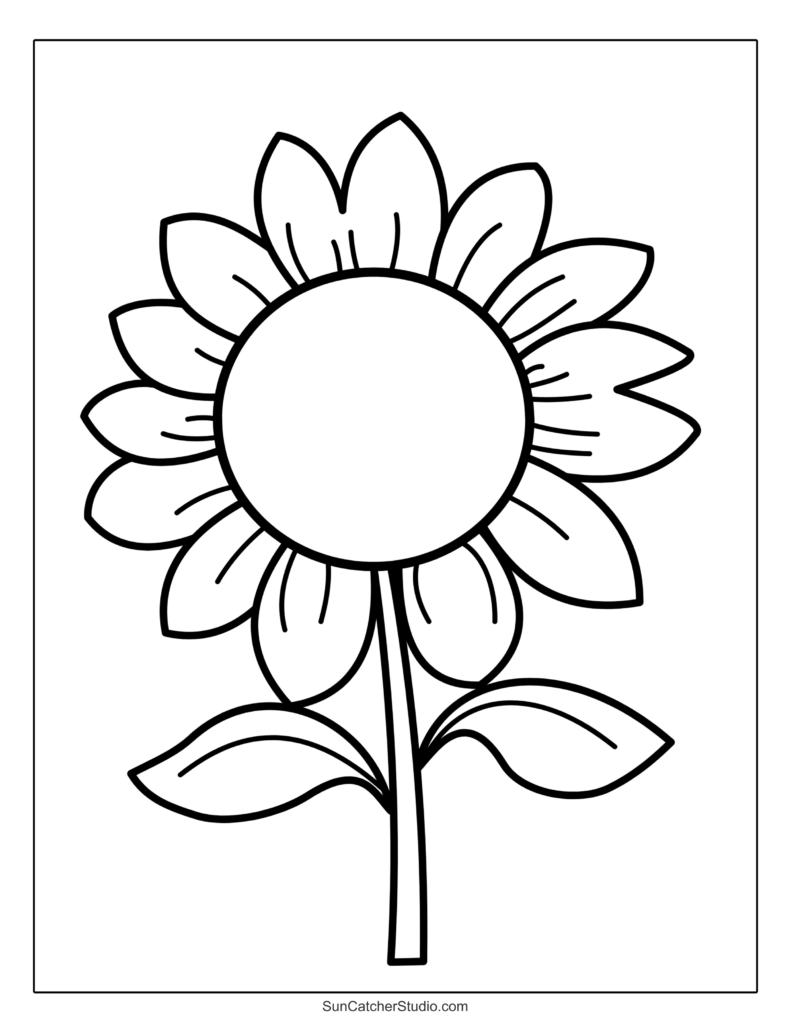 Simple sunflower coloring page with large petals and a blank center for kids to color