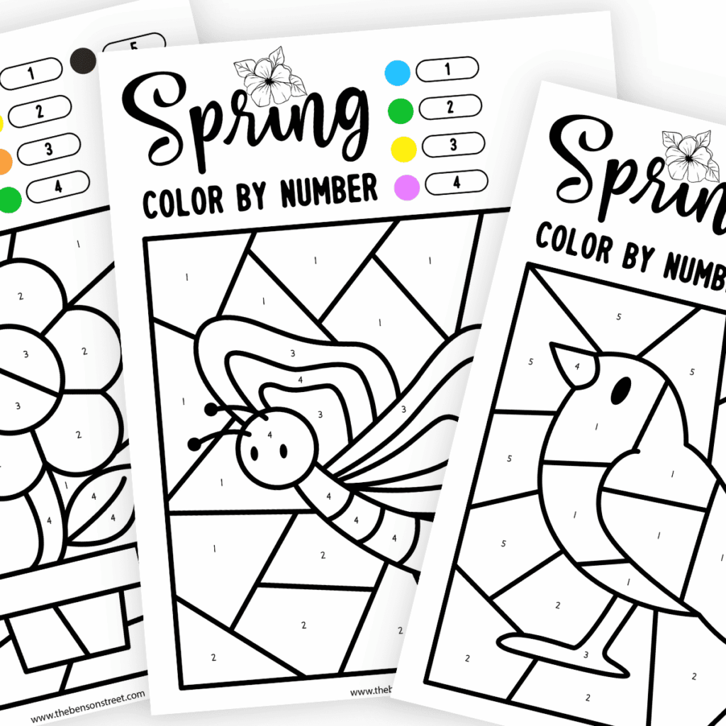 Ten free printable spring color by number pages featuring flowers and animals