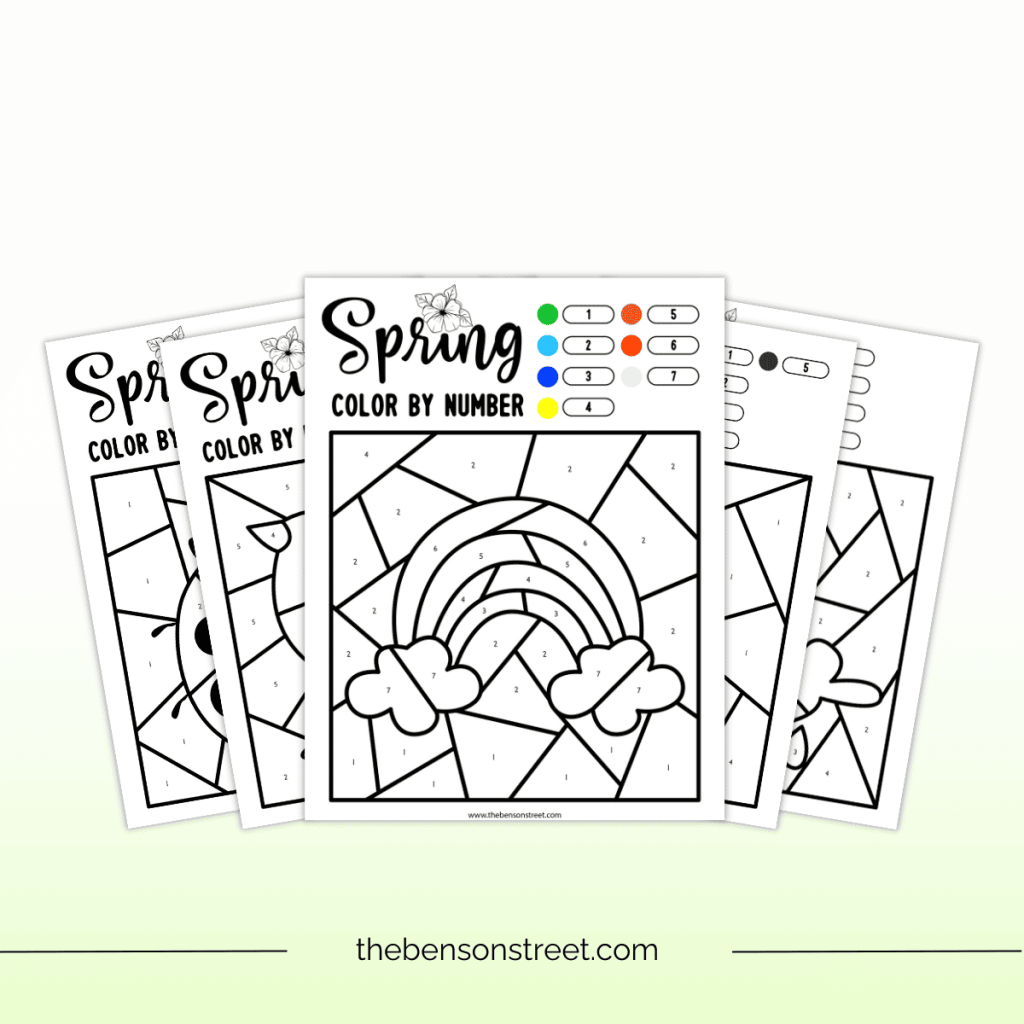 Spring color by number printable featuring a rainbow and clouds with numbered sections