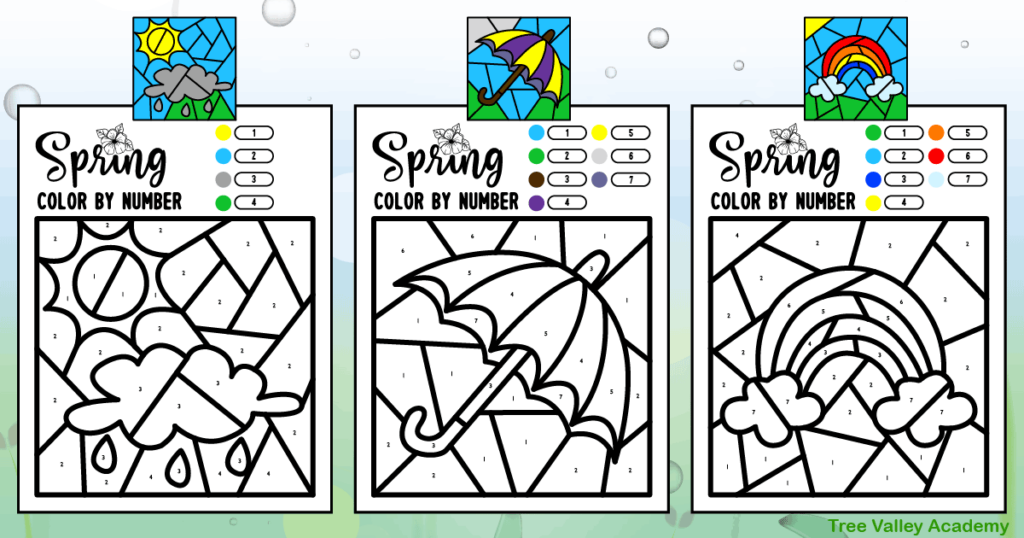 Spring Color By Number Worksheets Color by number worksheets featuring spring themes like rainbows and umbrellas