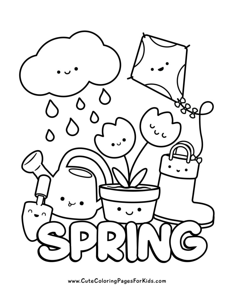 Spring Coloring Pages for Kids – Fun and Cute Designs Spring coloring page with cute elements like flowers, a cloud, and a kite