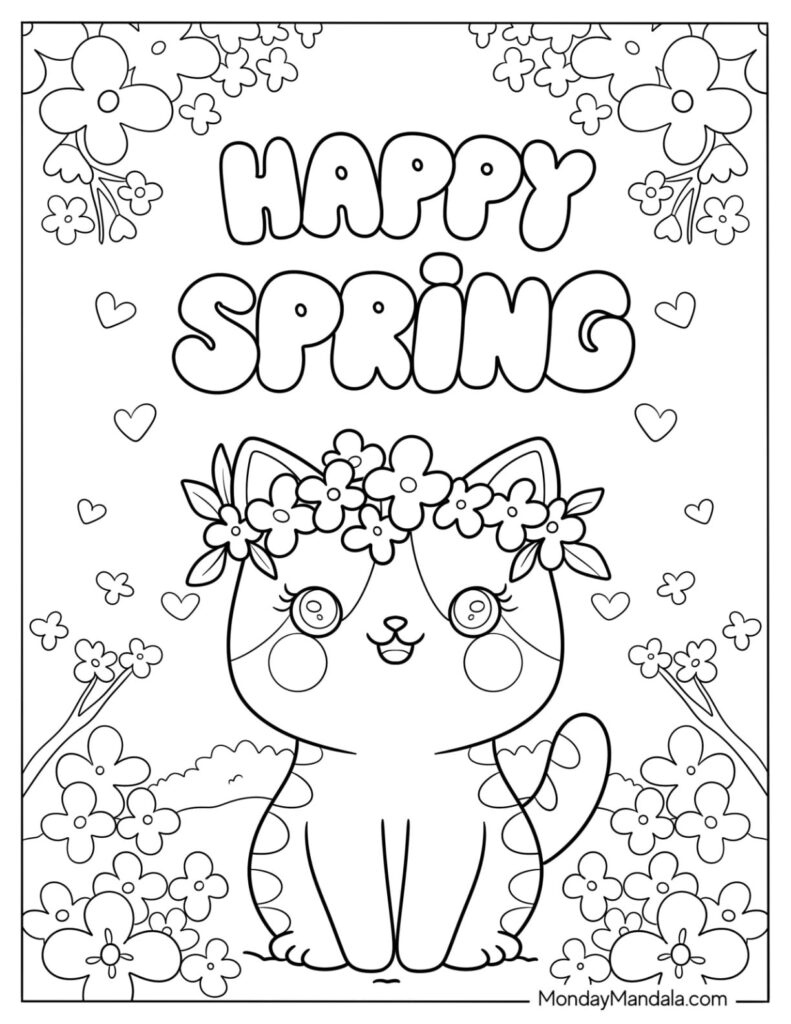 Happy Spring Coloring Page – Free Printable for Kids Happy Spring coloring page featuring a cat with flowers