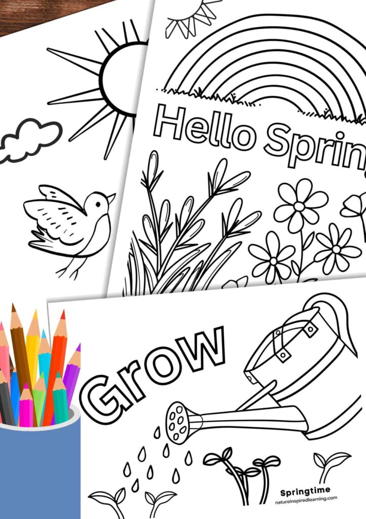 Spring coloring pages featuring rainbows, flowers, and a watering can