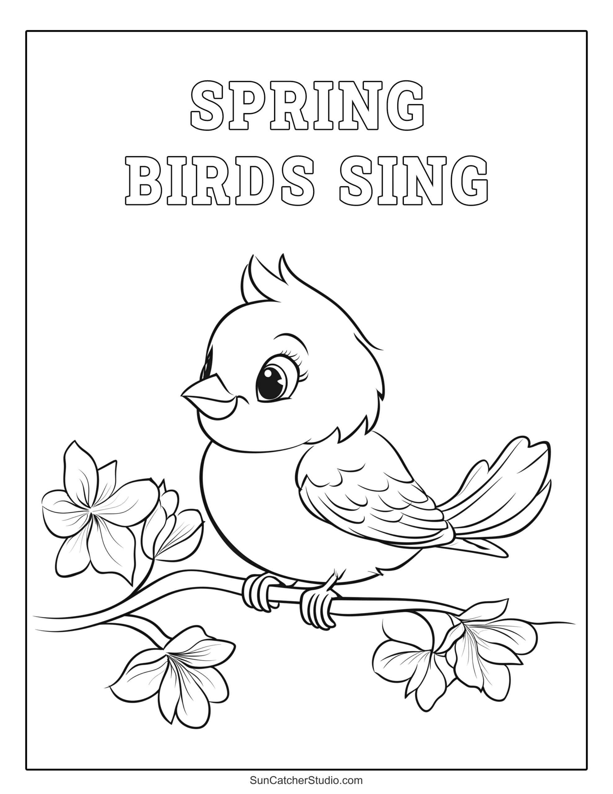 Free printable Spring Coloring Pages For Kids featuring a cheerful bird on a branch