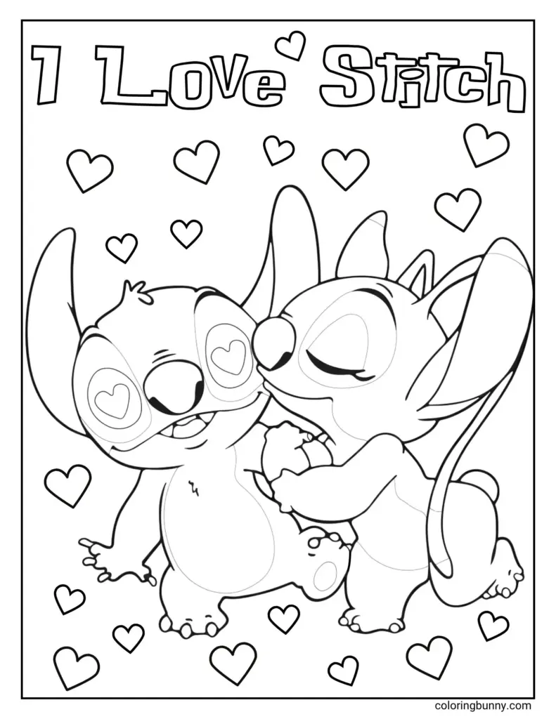 Coloring page of Stitch with hearts, ideal for Disney fans