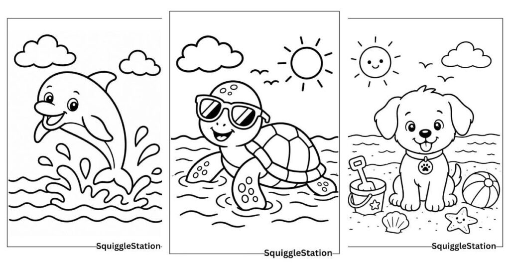 Colorful Summer Animal Coloring Pages for Kids Summer animal coloring pages featuring a dolphin, turtle, and puppy