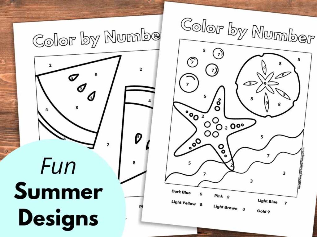 Color by number printables featuring summer-themed designs like watermelon and starfish