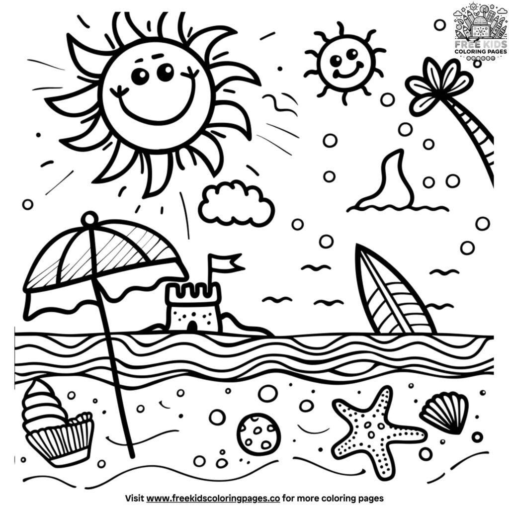 Beach-Themed Summer Coloring Page for Kids Summer coloring page depicting a beach scene with sun and sandcastle