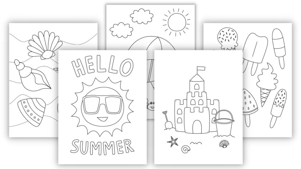Colorful Summer Coloring Pages for Kids A collection of summer-themed coloring pages including a sun and ice cream