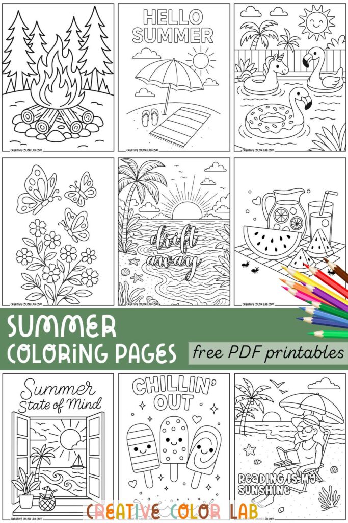 Collection of summer coloring pages including beach scenes and fun summer activities