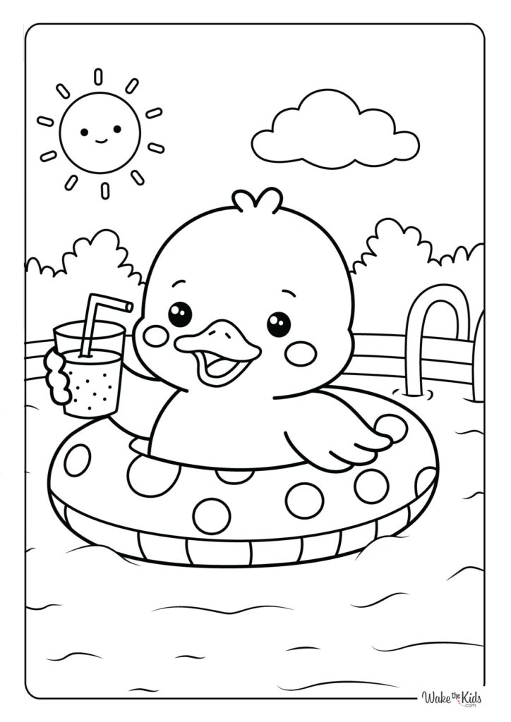Cute summer coloring page showing a happy duck in a pool with a drink