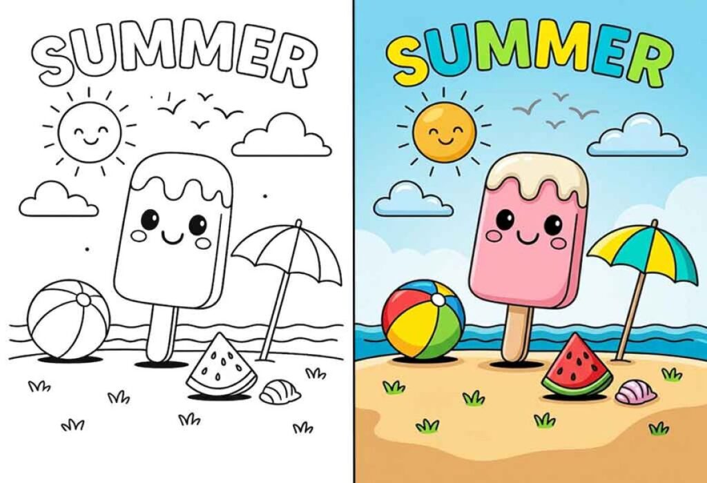 Adorable summer coloring page with a smiling ice cream cone, beach balls, and a sunny background