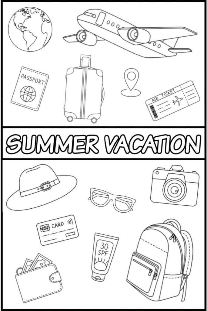 Engaging summer coloring pages for kindergarten featuring vacation items like a plane, passport, and suitcase