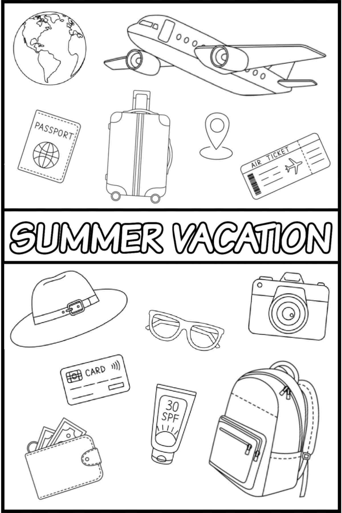 Engaging summer coloring pages for kindergarten featuring vacation items like a plane, passport, and suitcase
