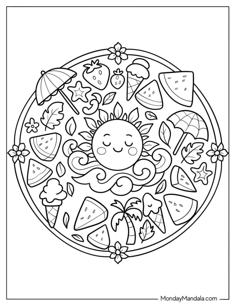 Summer Coloring Pages For Preschoolers - Colorful summer-themed coloring page featuring a smiling sun, ice cream, and beach e