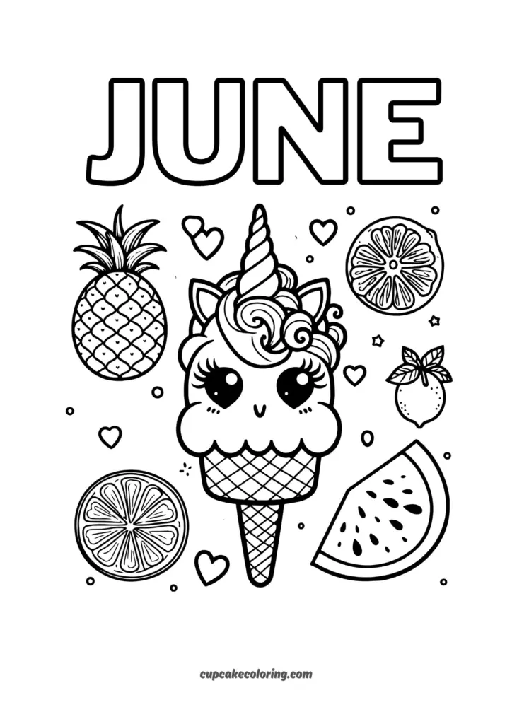 Cute summer coloring page with ice cream, fruits, and the word June