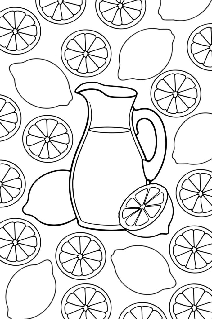 Coloring page of a pitcher of lemonade surrounded by lemons and lemon slices