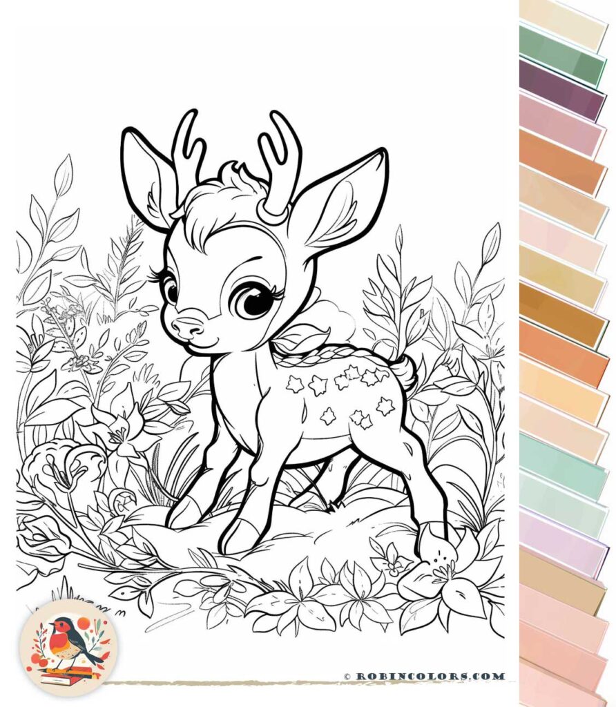 Super Cute Animals Coloring Pages – Printable Templates Coloring page of a cute deer surrounded by flowers and foliage