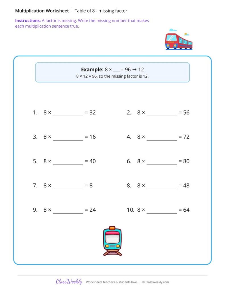 Table of 8 - missing factor - Free 3rd Grade Math Worksheet
