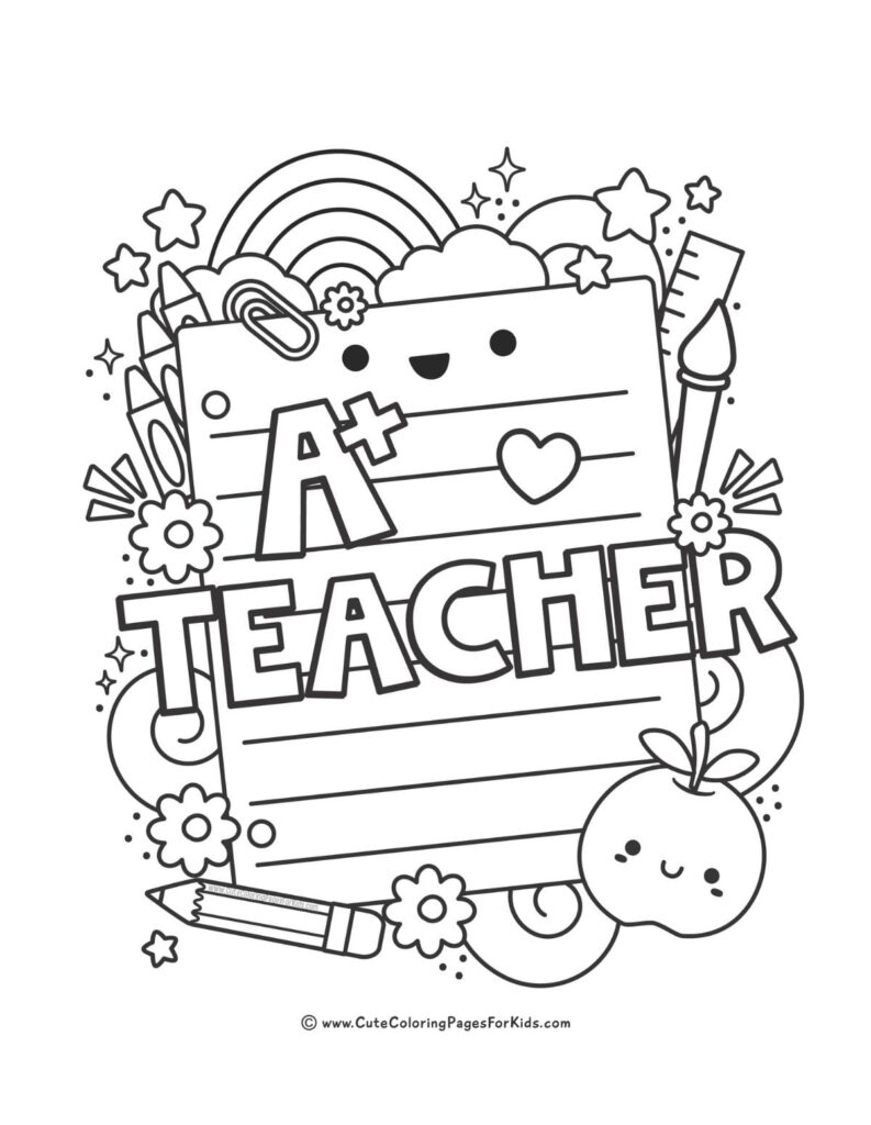 Teachers Pay Teachers Coloring Pages - Fun teacher appreciation coloring page featuring a cheerful design with A+ and teacher