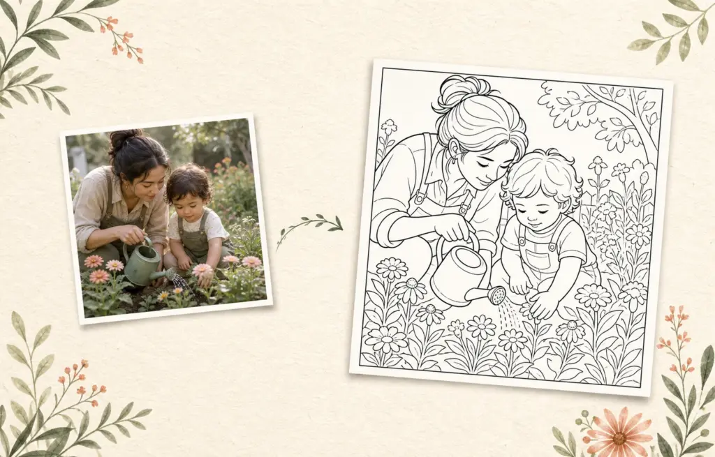 to Coloring Page – Mother and Child Gardening showing a mother and child gardening alongside a coloring page version