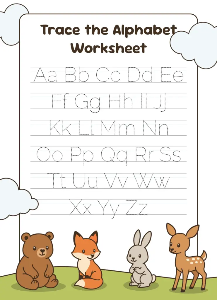 Free Google Docs template for tracing the alphabet with animal characters