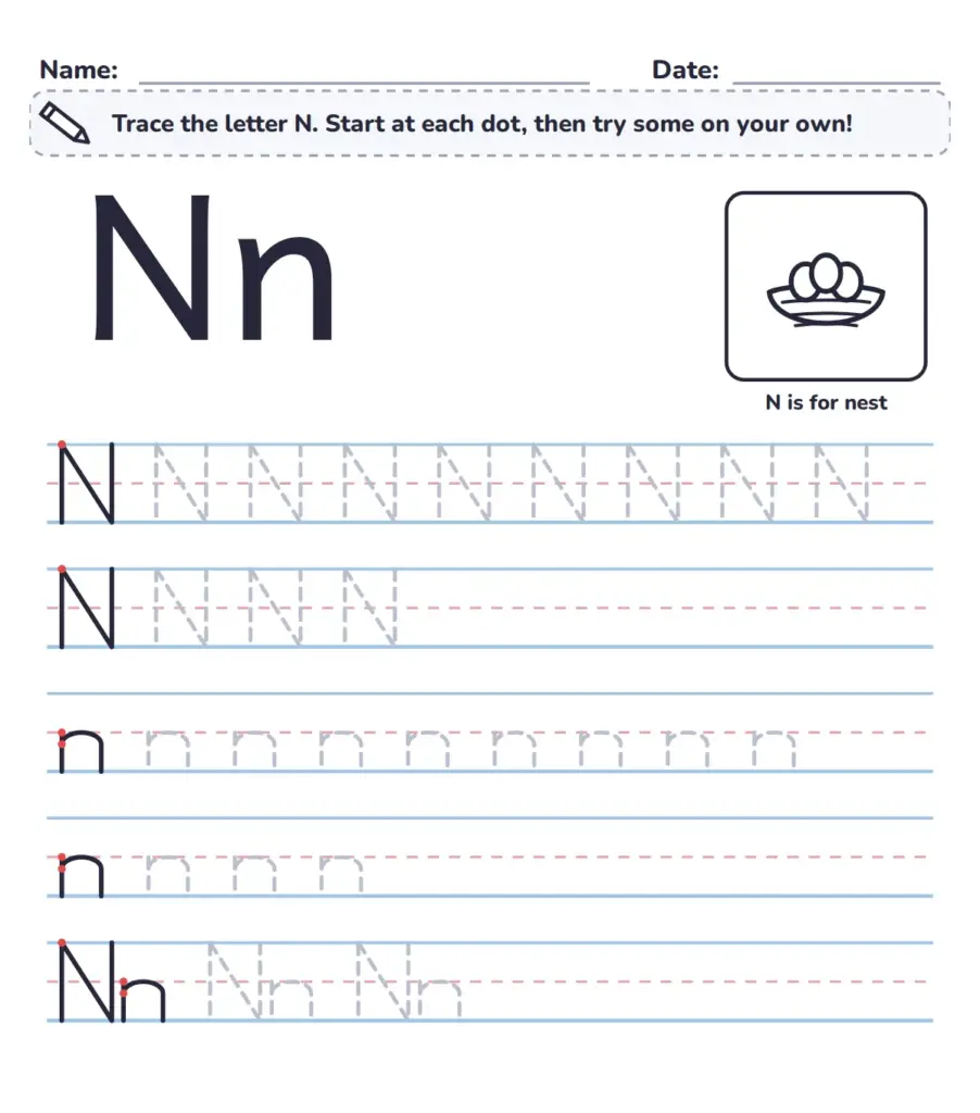 Trace the Letter N Worksheet (Free Printable PDF)
