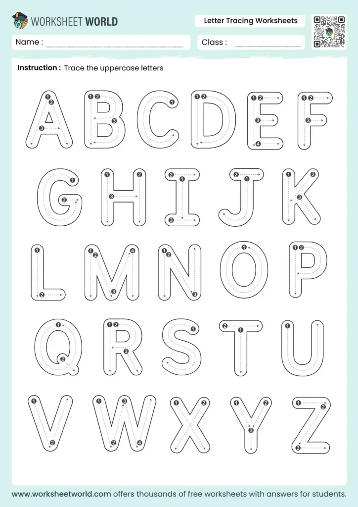 Free printable Trace The Letters Of The Alphabet Worksheet featuring uppercase letters for tracing