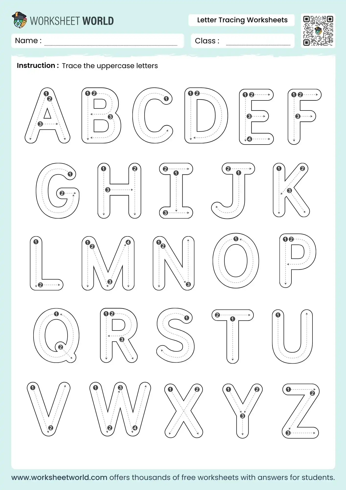 Free printable Trace The Letters Of The Alphabet Worksheet featuring uppercase letters for tracing