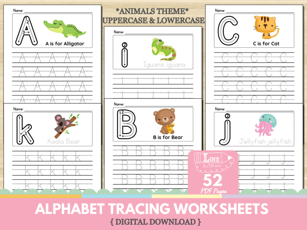 Animal-themed traceable alphabet letters worksheet for preschool learning