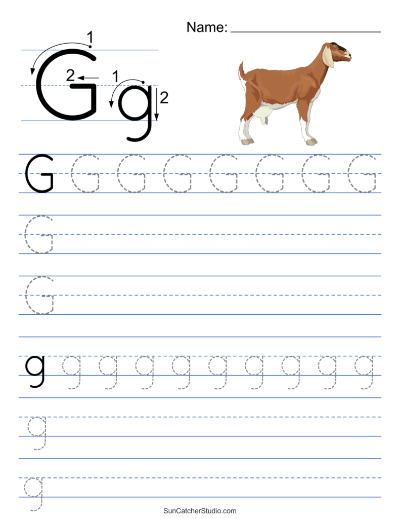 Tracing Alphabet Letters – G Worksheet Worksheet featuring the letter G for tracing with a goat illustration