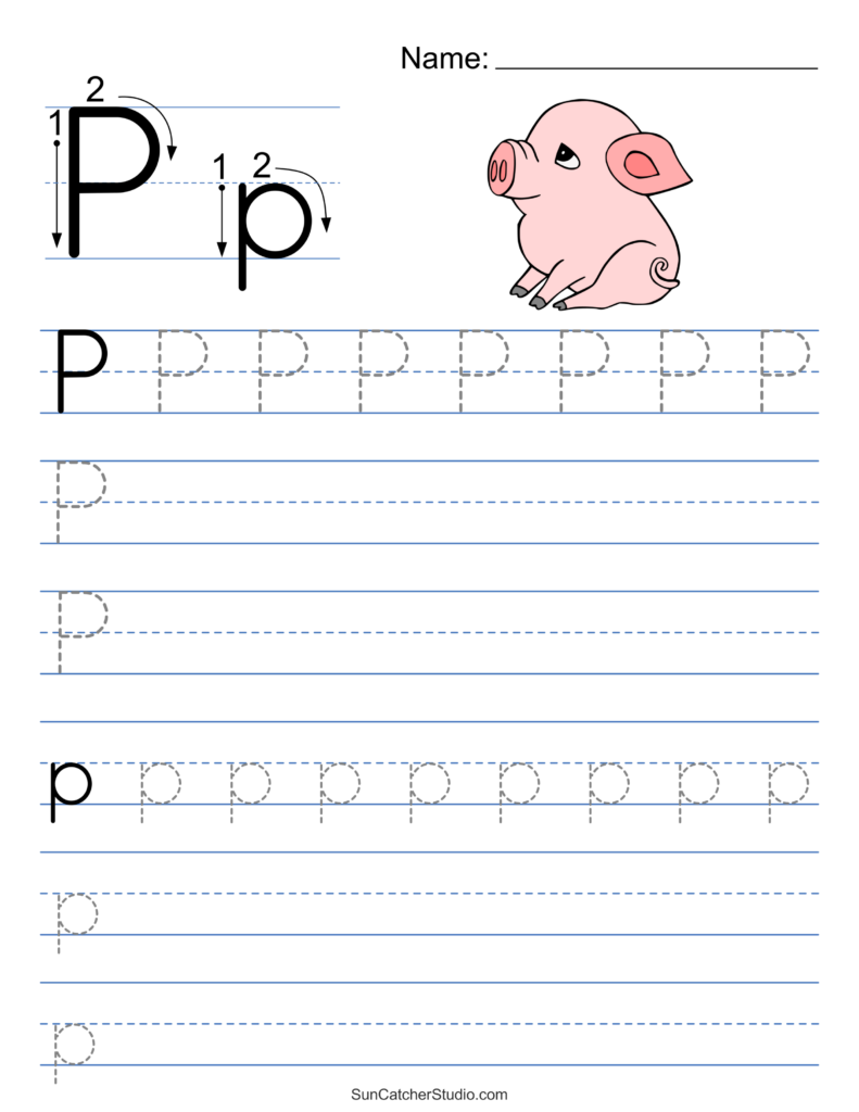 Tracing worksheet with the letter P and a pig illustration for kids