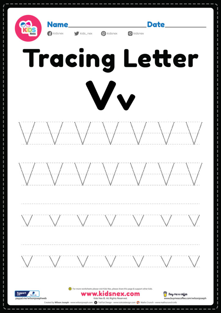 Tracing letter V worksheet with various tracing lines for practice