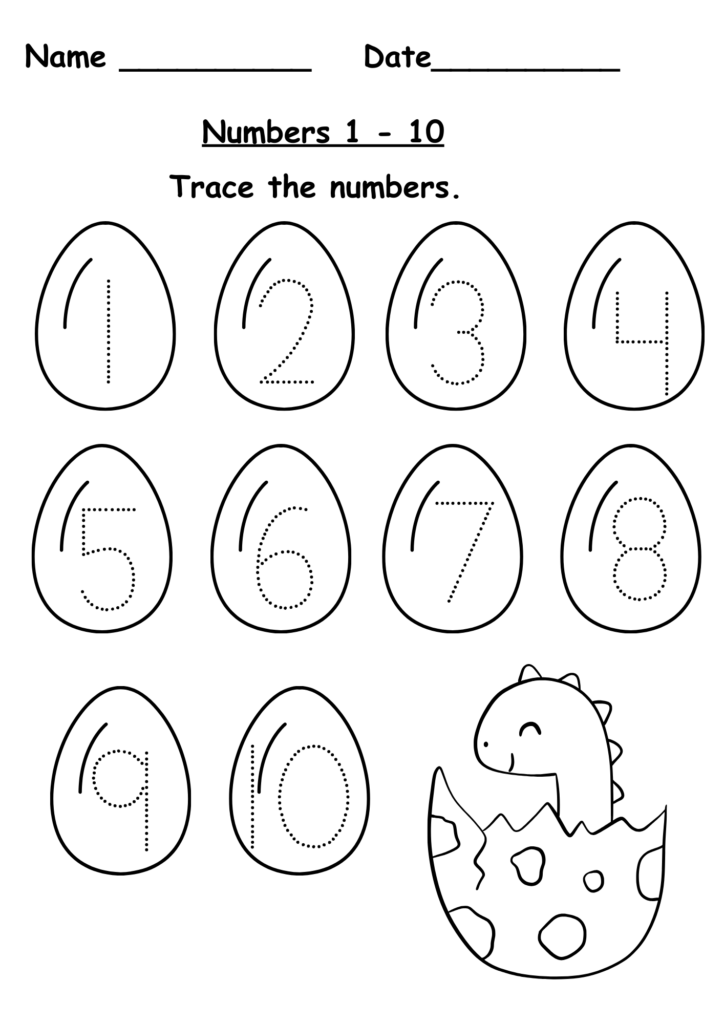 Tracing Numbers 1-10 Worksheet for Preschool Printable worksheet for tracing numbers 1 to 10 with a dinosaur theme