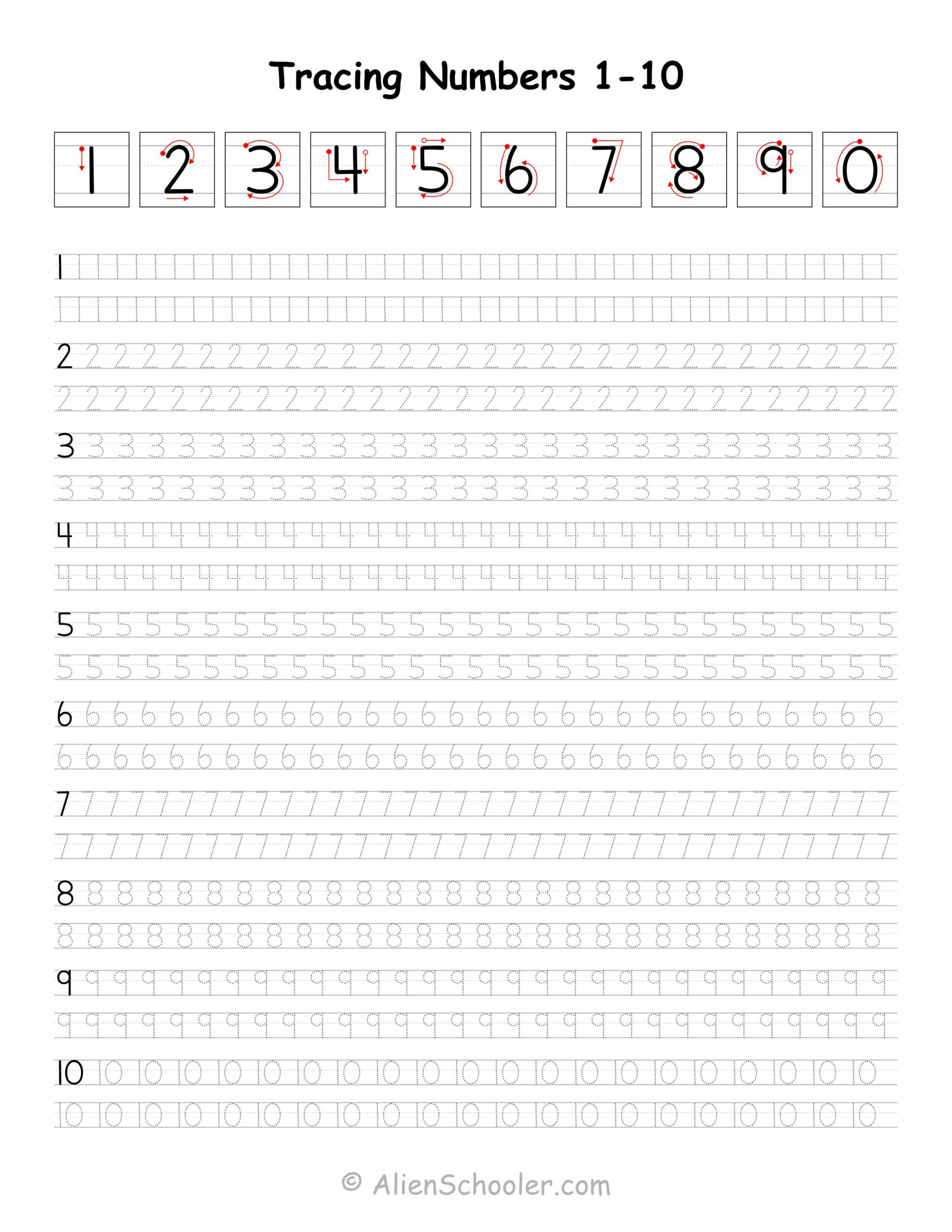 Tracing Numbers 1 10 Free Printable - Free printable worksheet for tracing numbers 1 to 10 with guided lines