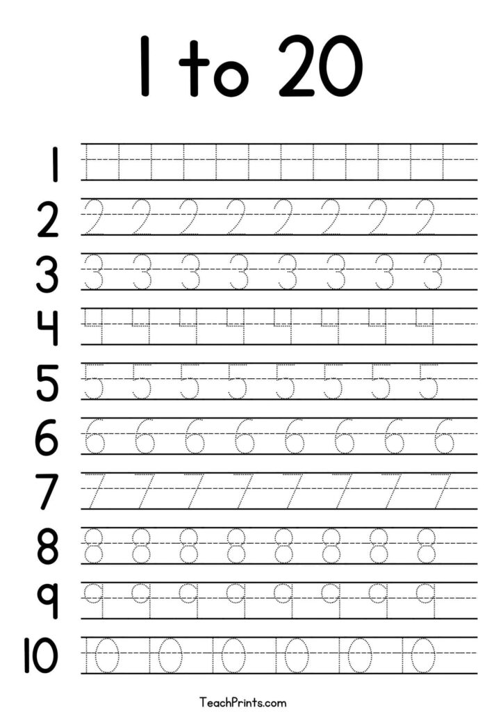 Printable tracing worksheet for kindergarten covering numbers 1 to 20