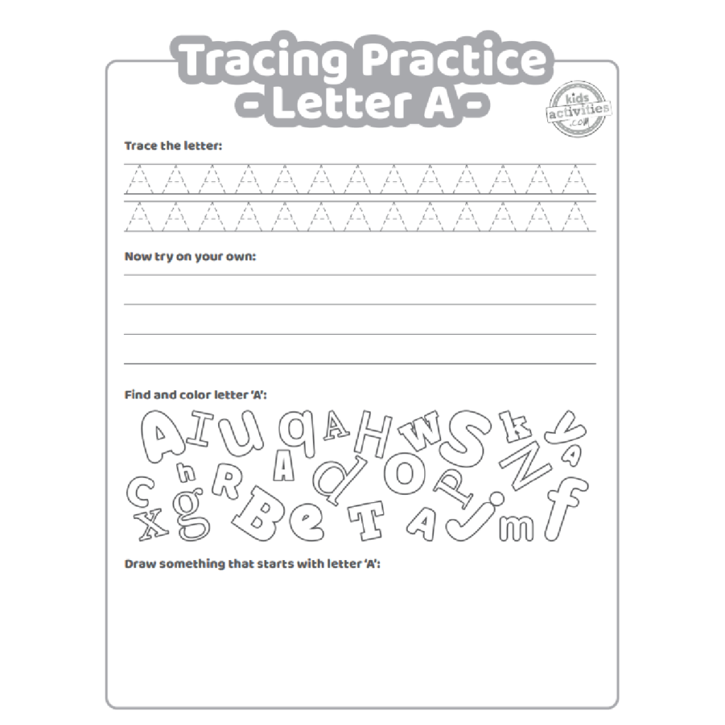 Tracing The Letter A For Preschoolers with practice lines and drawing prompts