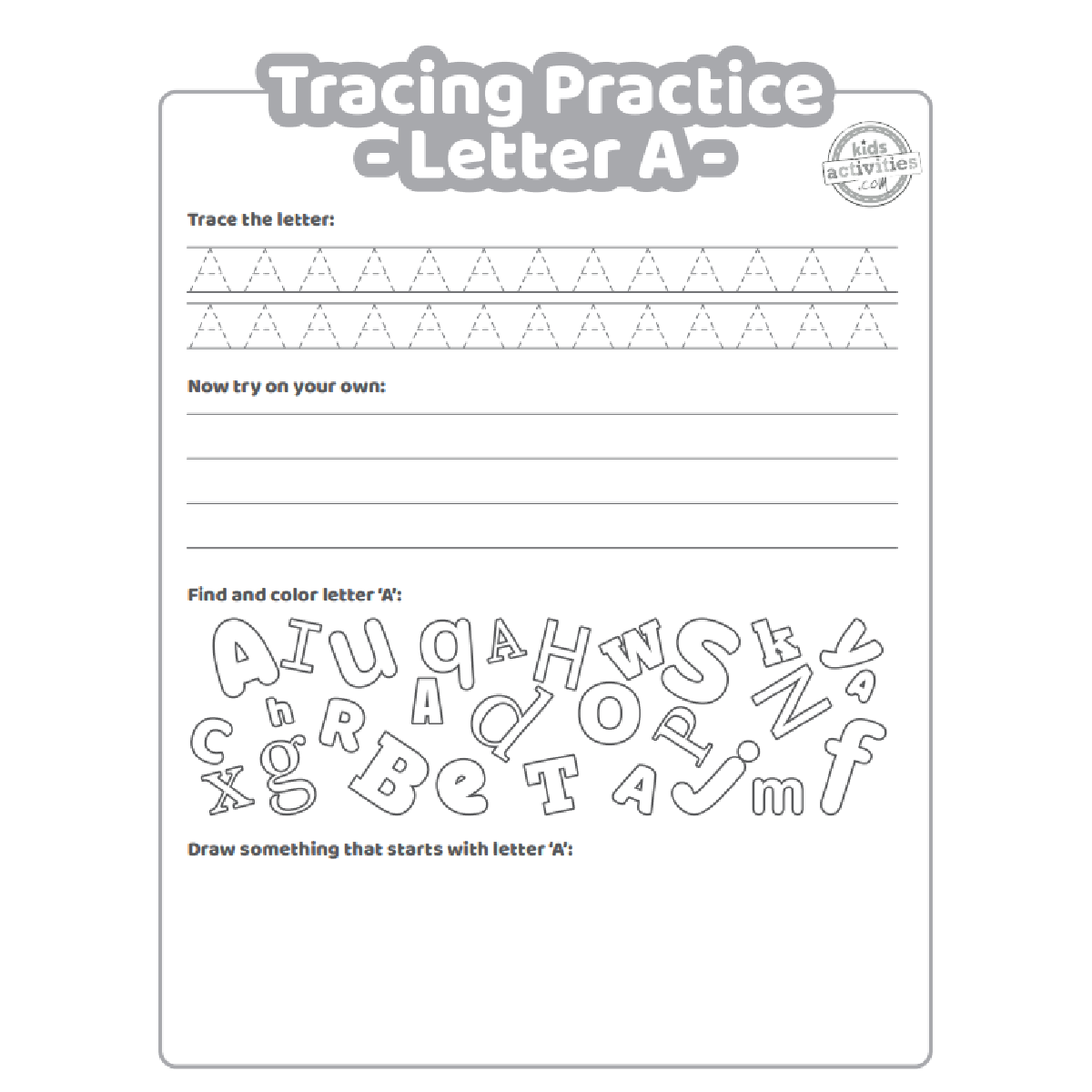 Tracing The Letter A For Preschoolers with practice lines and drawing prompts