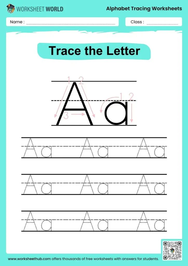 Free printable Tracing The Letter A Worksheets with guided tracing lines for kids