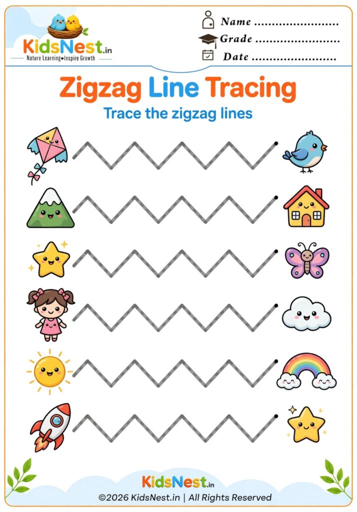 Zigzag Line Tracing Worksheet for Kids Zigzag line tracing worksheet featuring colorful illustrations for kids to trace