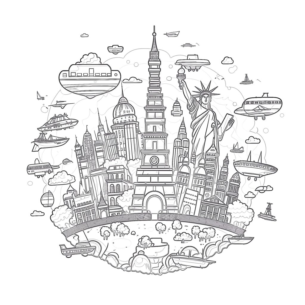 Illustration of famous landmarks and transportation for a travel-themed coloring sheet