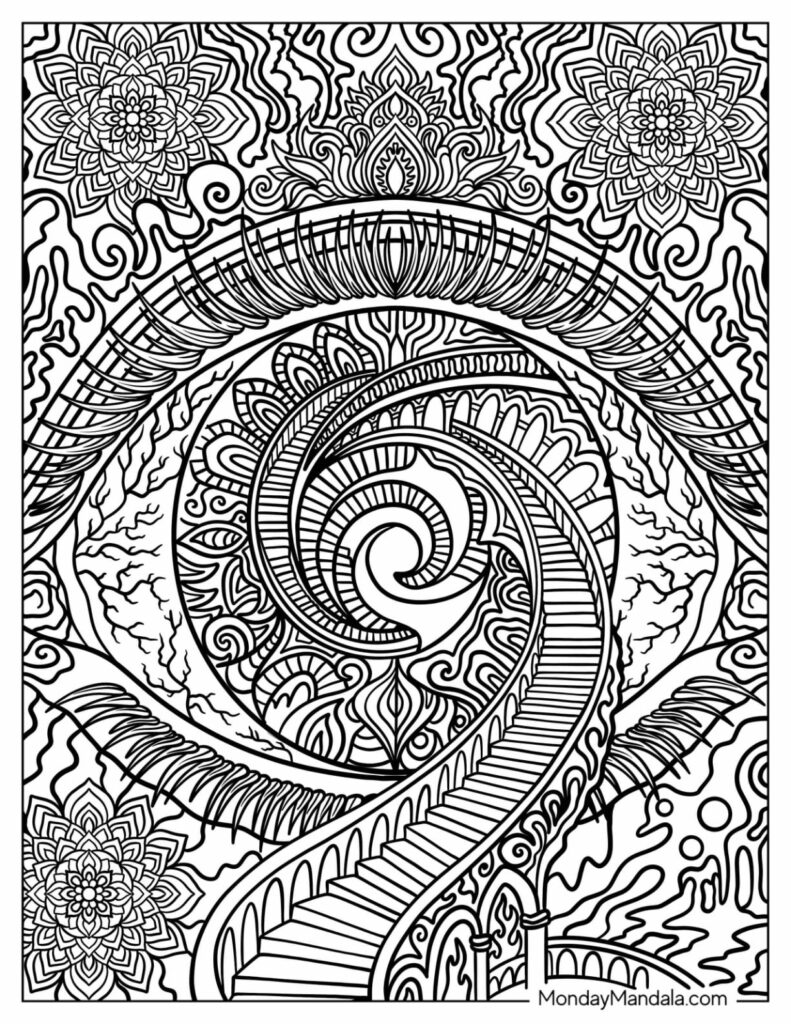 Detailed trippy coloring page showcasing a swirling eye and staircase, designed for adult coloring