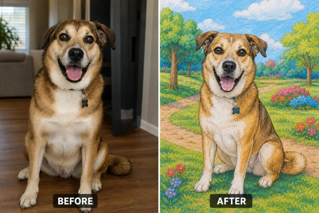 Turn Picture Into A Coloring Page – Pet Transformation Turn Picture Into A Coloring Page - Before and after showing how to turn a pet into a coloring page