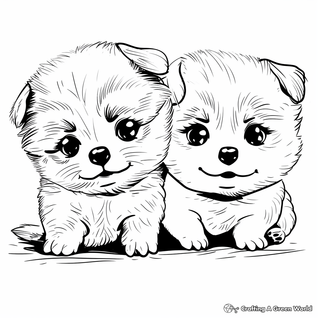 Two Cute Puppies Coloring Page – Free Download Two adorable puppies sitting close together, looking cute