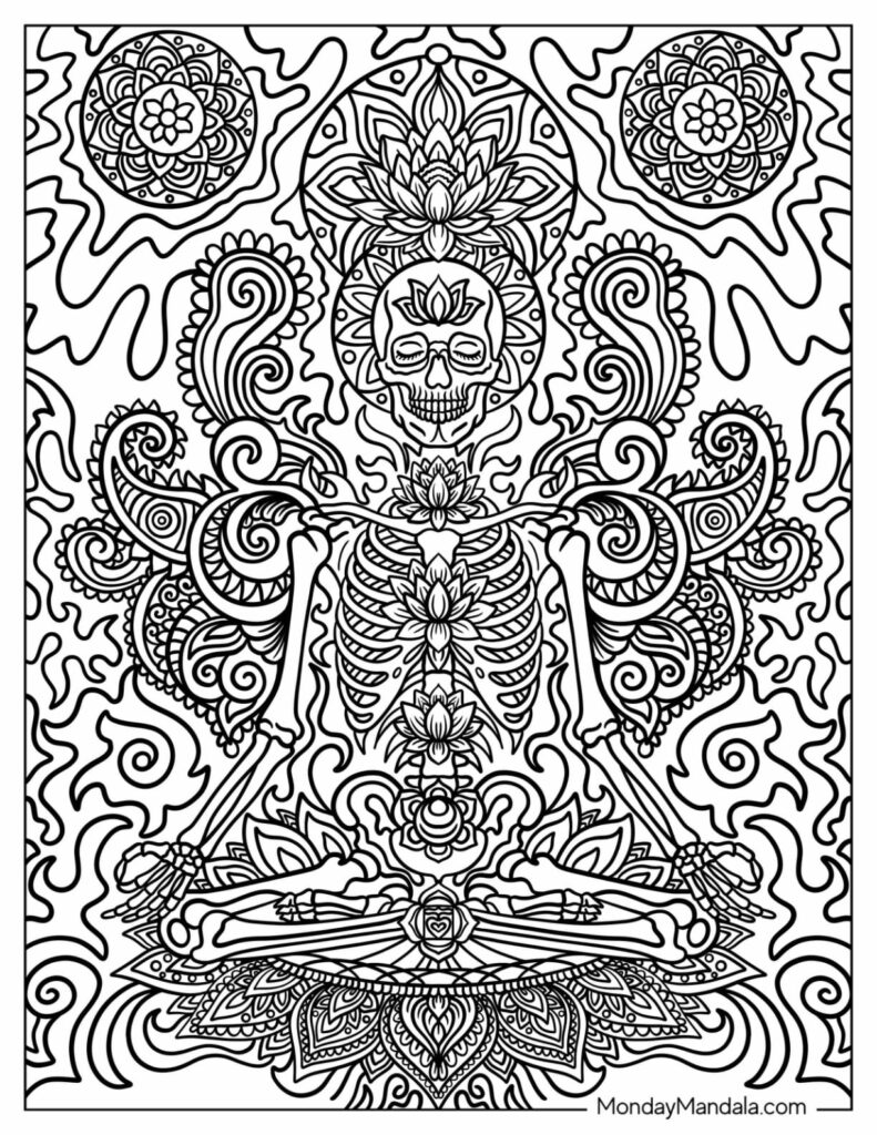 Unique Coloring Pages For Adults - Intricate trippy coloring page featuring a skeleton and floral patterns, perfect for relax