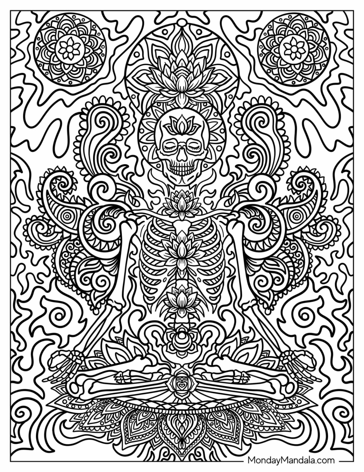 Unique Coloring Pages For Adults - Intricate trippy coloring page featuring a skeleton and floral patterns, perfect for relax