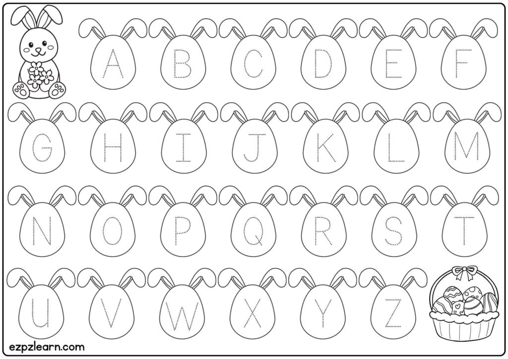 Uppercase ABC Easter Alphabet Tracing Worksheet for Kindergarten Uppercase ABC Easter alphabet tracing worksheet featuring bunny and egg designs for kids